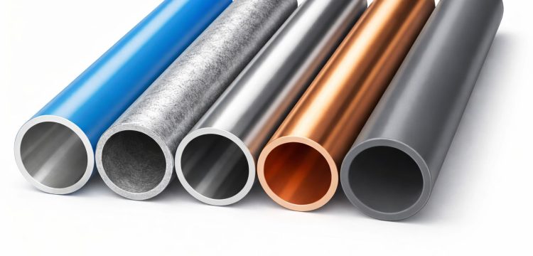 Industrial piping materials comparison - aluminum, steel, stainless steel, copper and plastic pipes for compressed air, chemical and water systems