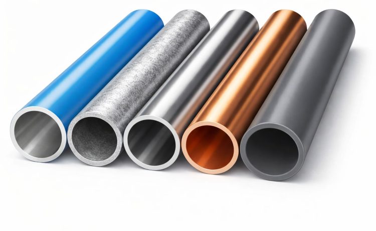 Industrial piping materials comparison - aluminum, steel, stainless steel, copper and plastic pipes for compressed air, chemical and water systems