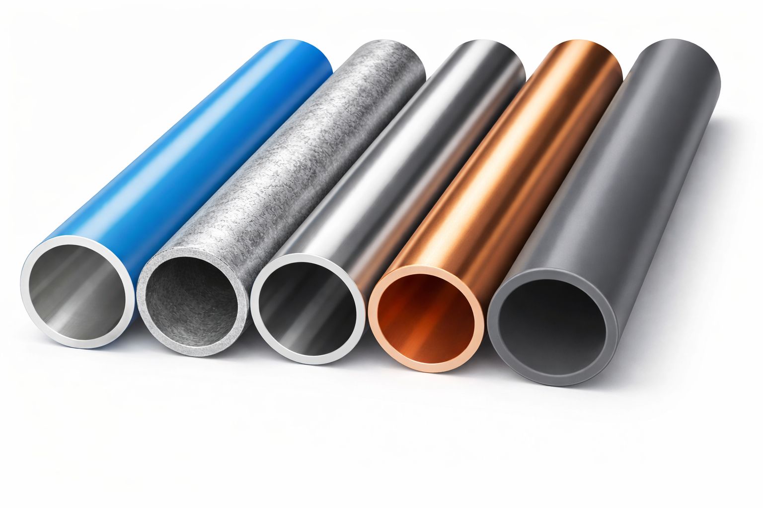 Industrial piping materials comparison - aluminum, steel, stainless steel, copper and plastic pipes for compressed air, chemical and water systems